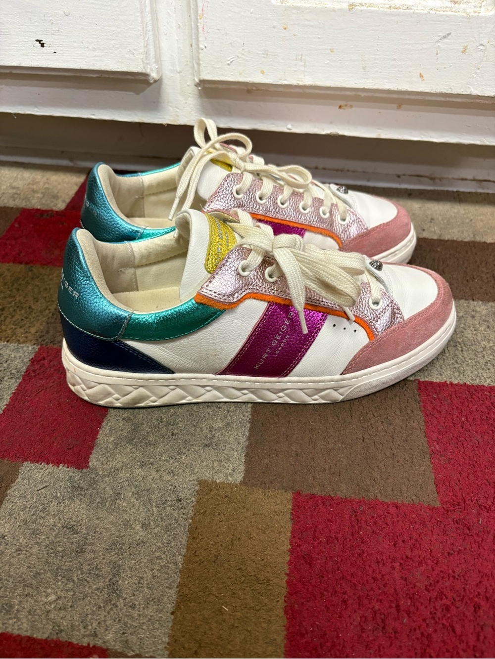Kurt Geiger London Women’s Leather Sneakers with Pink, Teal and Purple Accents